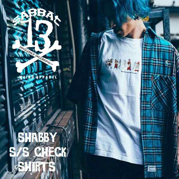 SABBAT13 / サバトサーティーン / サバト13「SHABBY S/S CHECK SHIRTS」チェックシャツ 半袖 アシンメトリー 緑 紫  黄 黒 白 グリーン パ｜au PAY マーケット